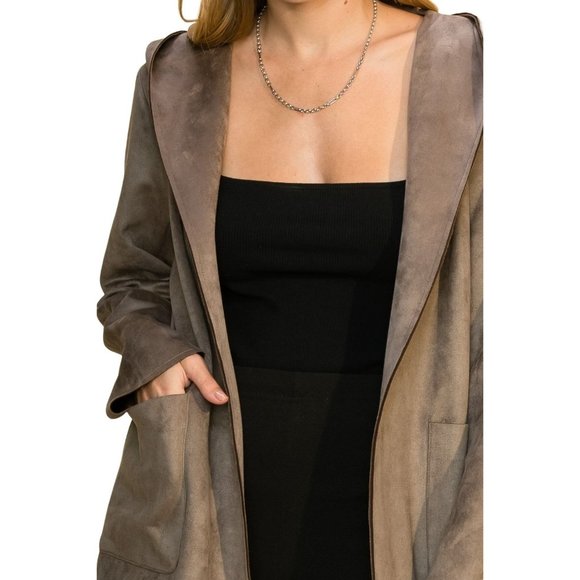 HYFVE WOMENS MUSHROOM/BEIGE LONG SLEEVE FAUX SUEDE JACKET W/HOOD W/POCKETS - - Picture 4 of 10